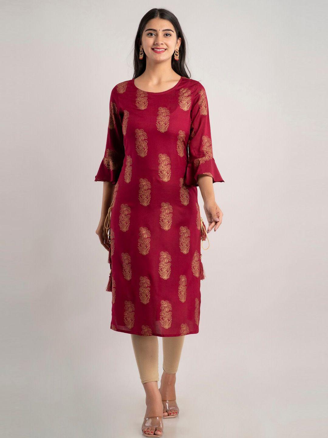 mauka women maroon & gold-toned ethnic motifs printed bell sleeves kurta