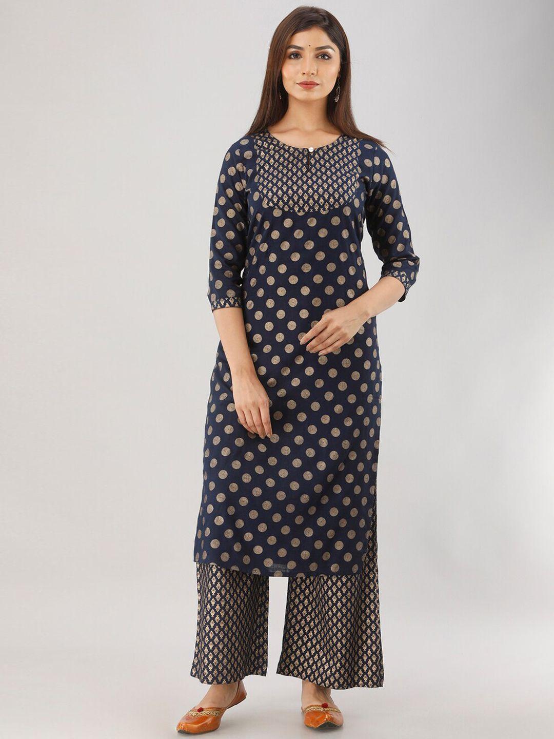 mauka women navy blue ethnic motifs printed kurta with palazzos