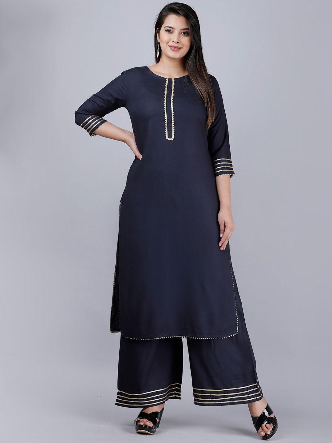 mauka women navy blue solid gotta patti straight fit kurta with palazzos