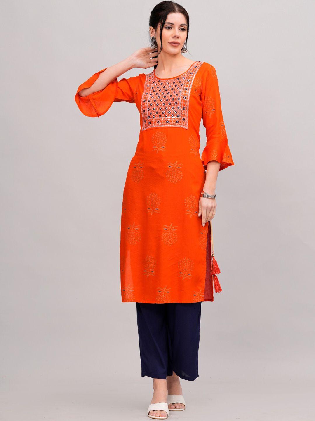 mauka women orange ethnic motifs printed regular thread work kurta with palazzos
