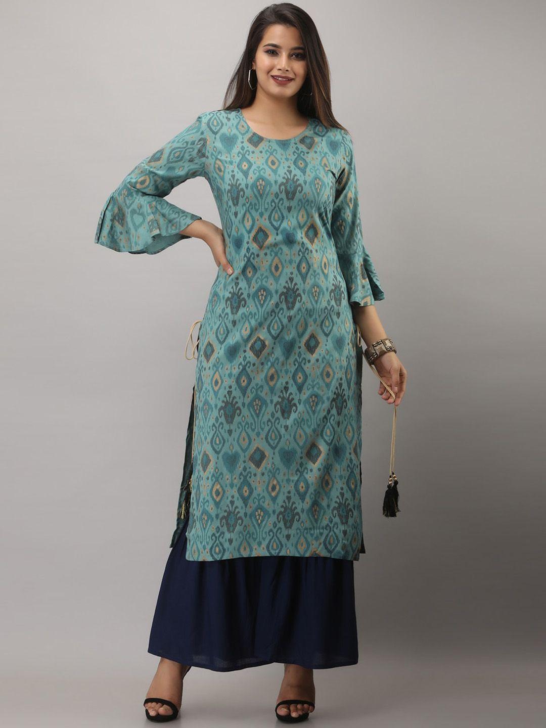 mauka women sea green ethnic motifs layered kurti with sharara