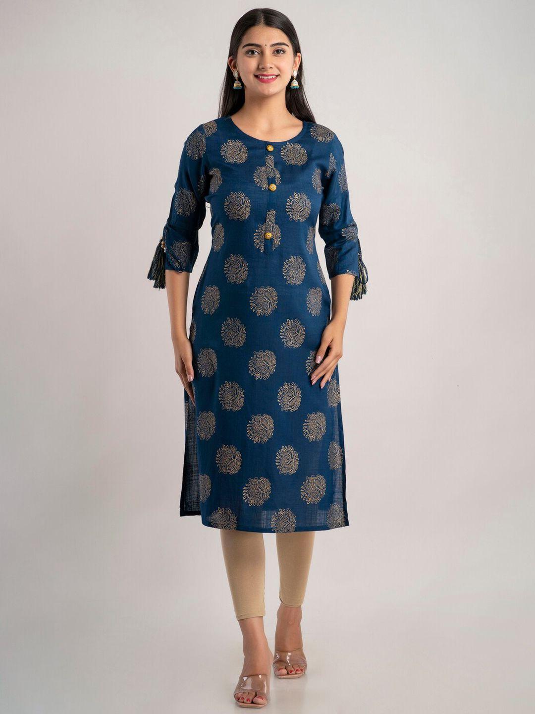 mauka women teal & gold-toned ethnic motifs printed kurta