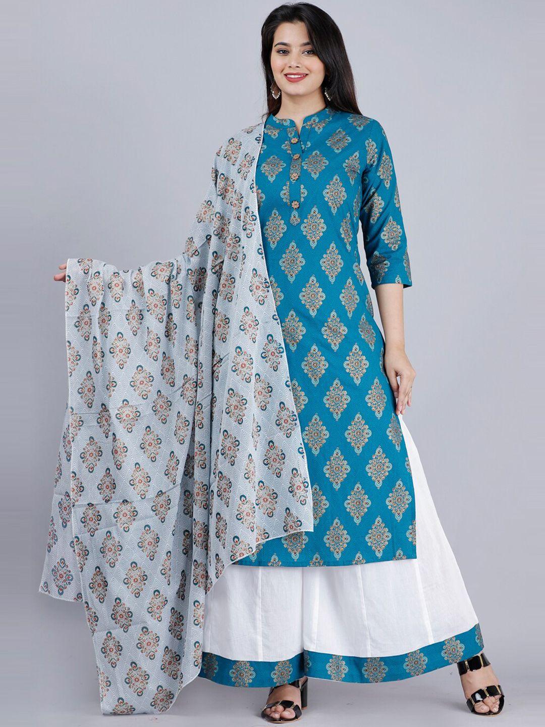 mauka women teal printed pure cotton kurta with palazzo & dupatta