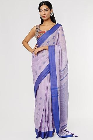 mauve & blue linen printed saree set