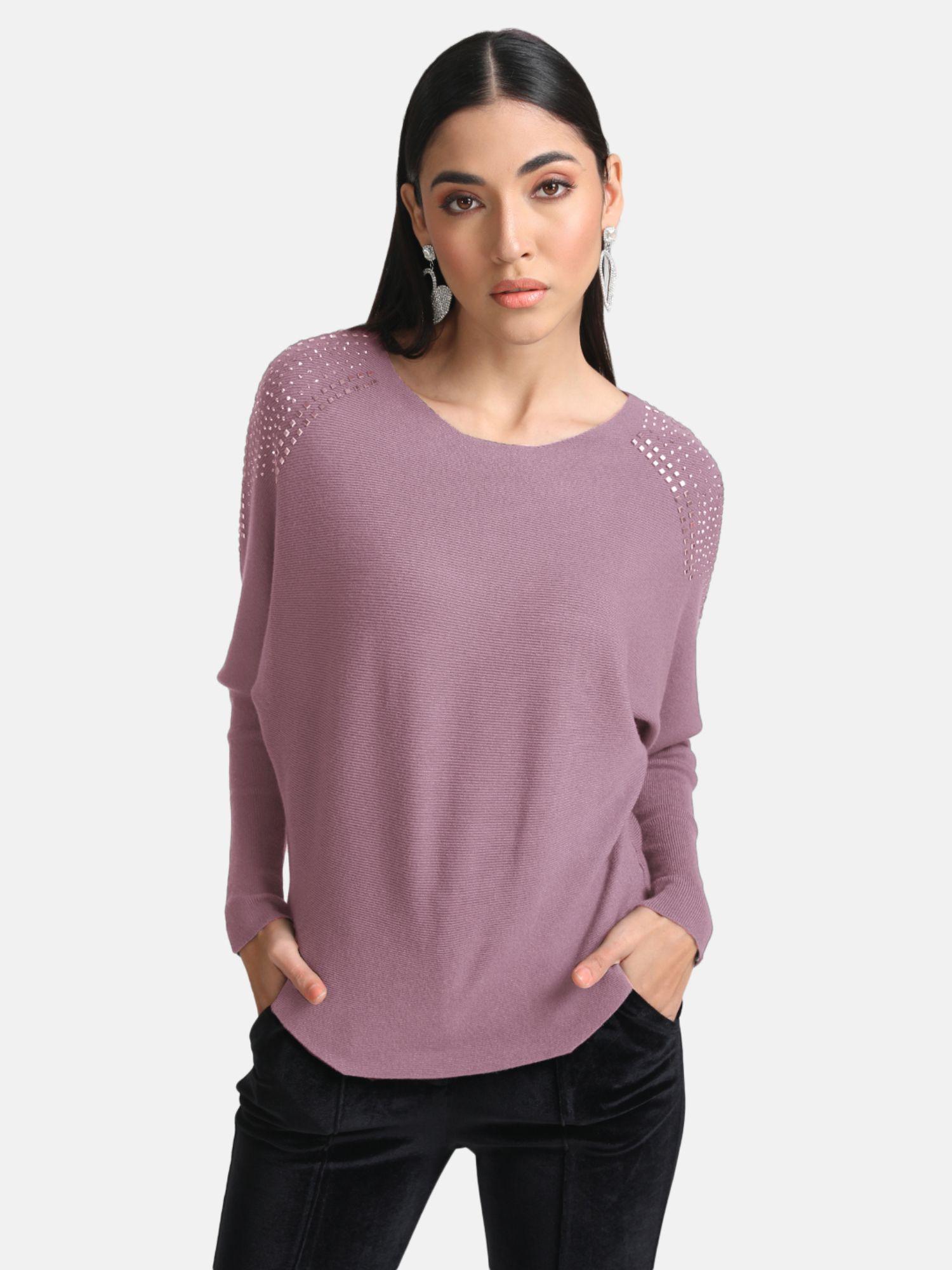 mauve batwing pullover with heat studs