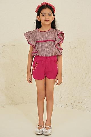 mauve cotton checkered co-ord set for girls