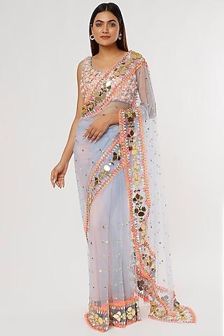 mauve embroidered pre-stitched saree set