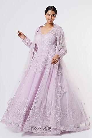 mauve hand embroidered gown with dupatta