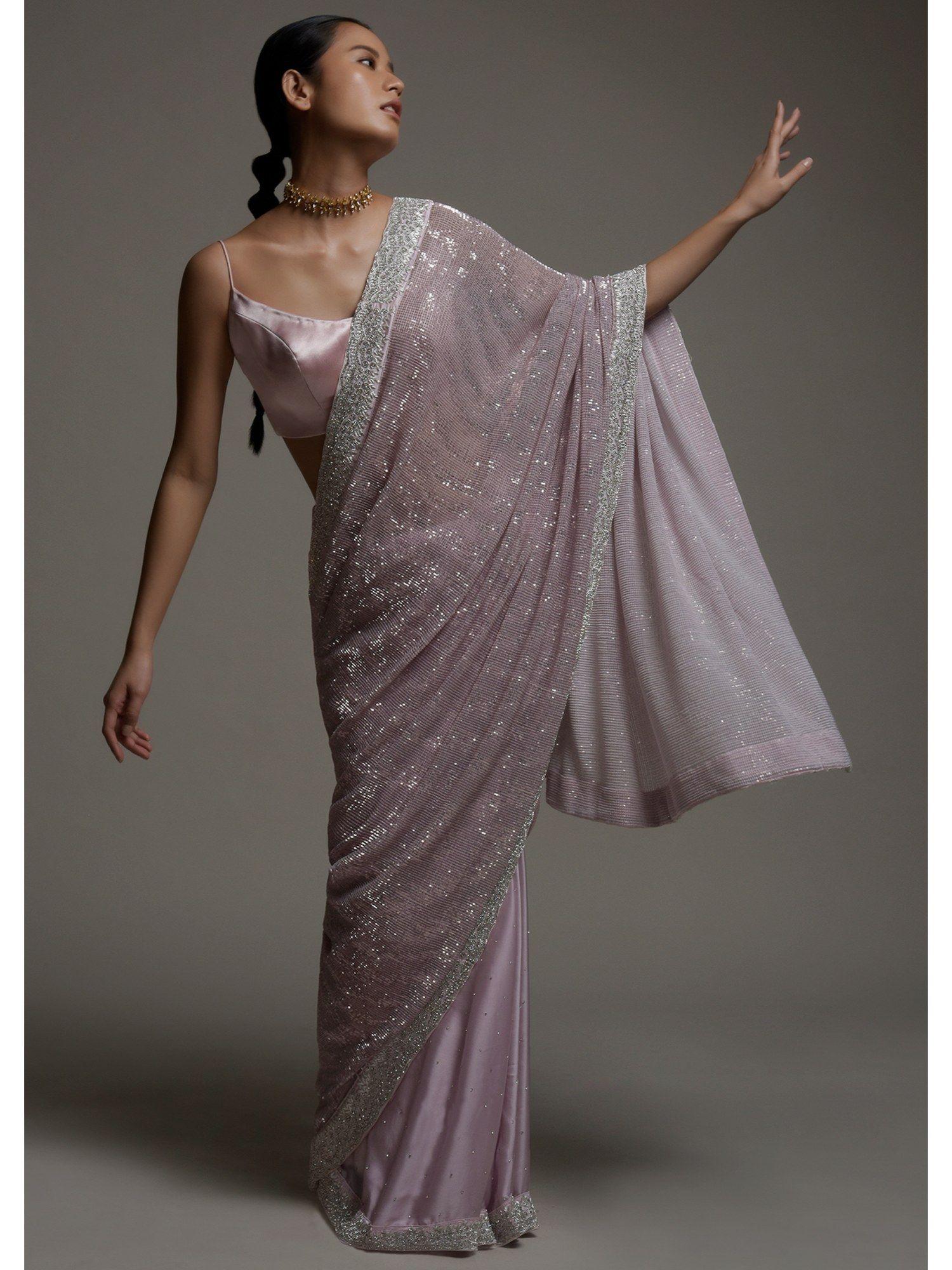 mauve pink half and half saree in crepe with unstitched blouse