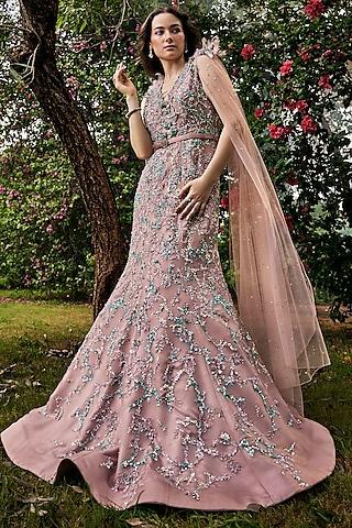 mauve pink organza & net crystal embellished gown with belt