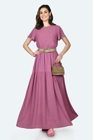 mauve solid round neck casual maxi short sleeves women regular fit dress