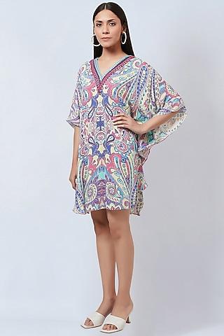 mauve & blue georgette embroidered & printed tunic