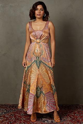 mauve & multi- colored silk & satin printed & embroidered dress