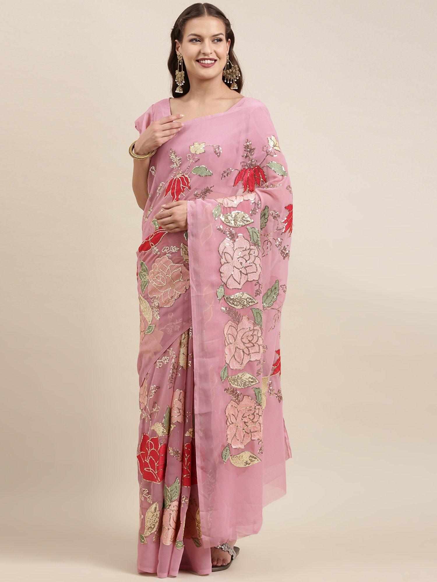 mauve & red ethnic motifs embroidered georgette saree with unstitched blouse