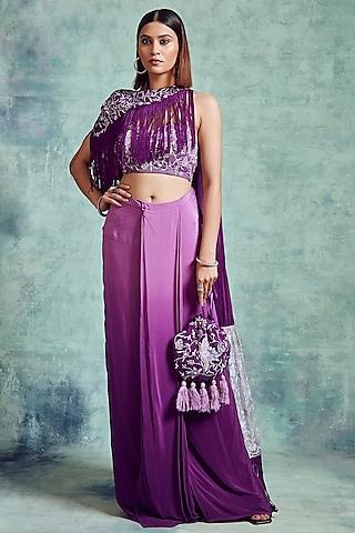 mauve & russian violet crepe draped saree set