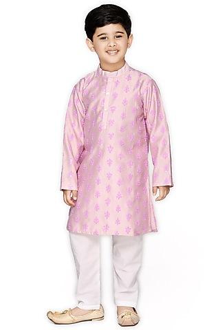 mauve art silk embroidered kurta set for boys