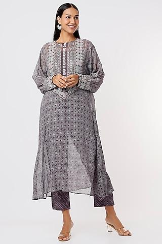 mauve block printed kurta set