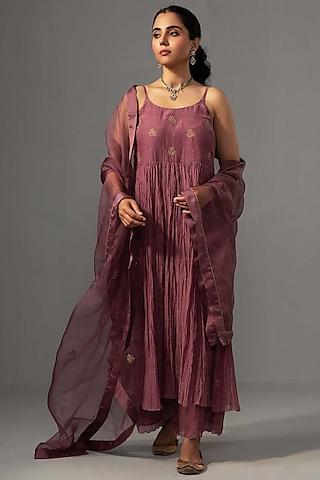 mauve chanderi hand embroidered anarkali set