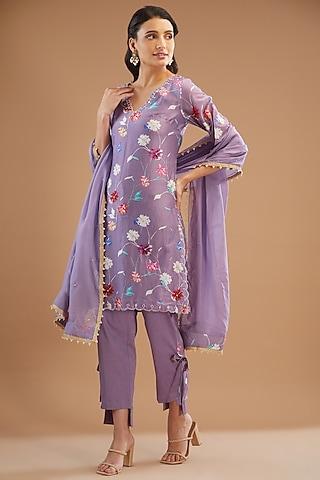 mauve chanderi silk embroidered kurta set