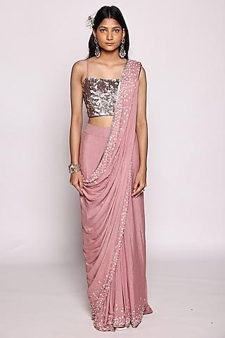 mauve chinon sequins & beads embroidered pre-stitched saree set