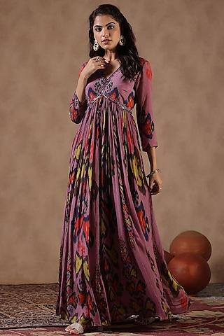 mauve chinon silk ikat printed gown