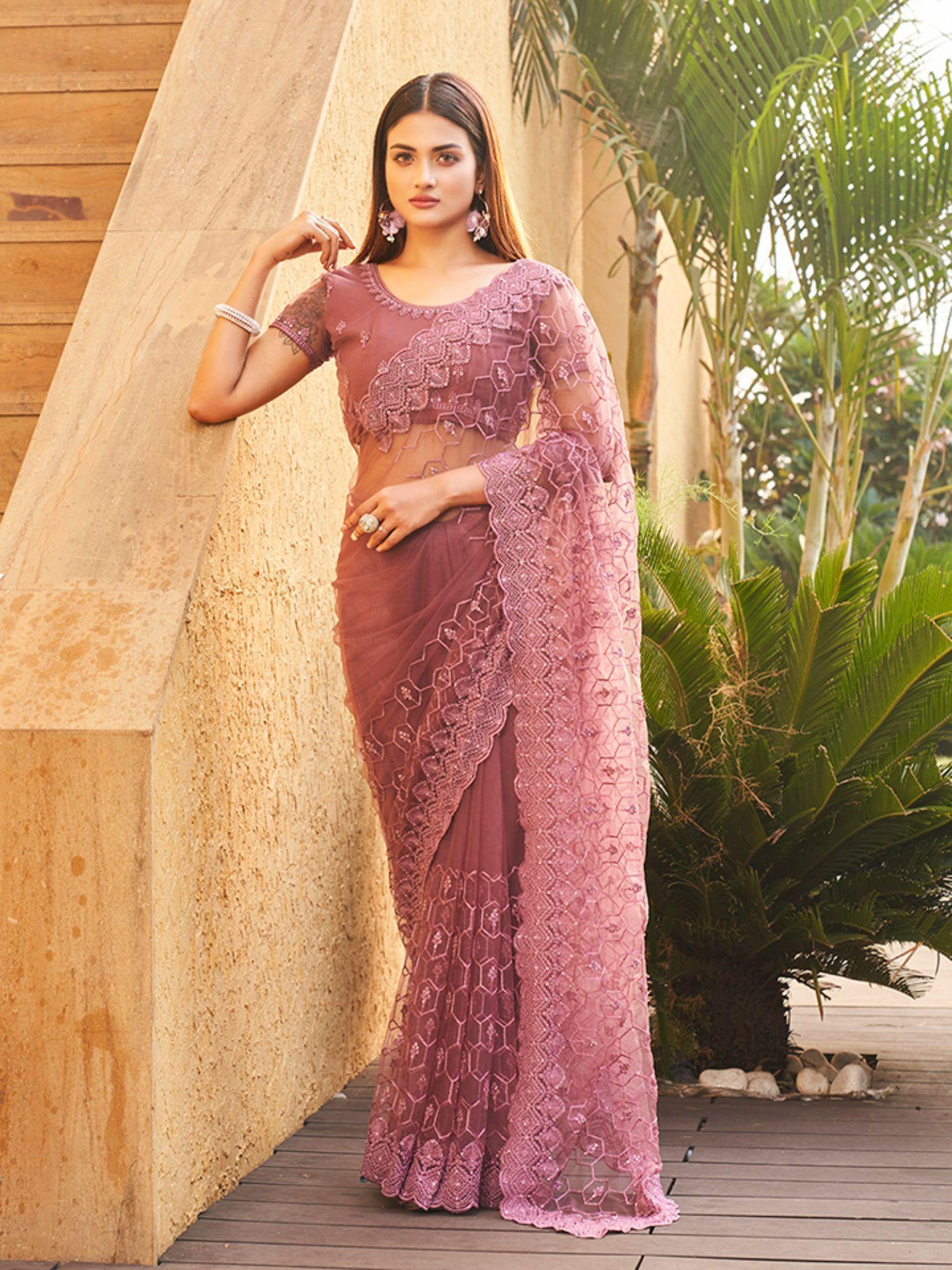 mauve colored net embroidered saree with faux diamonds with unstitched blouse