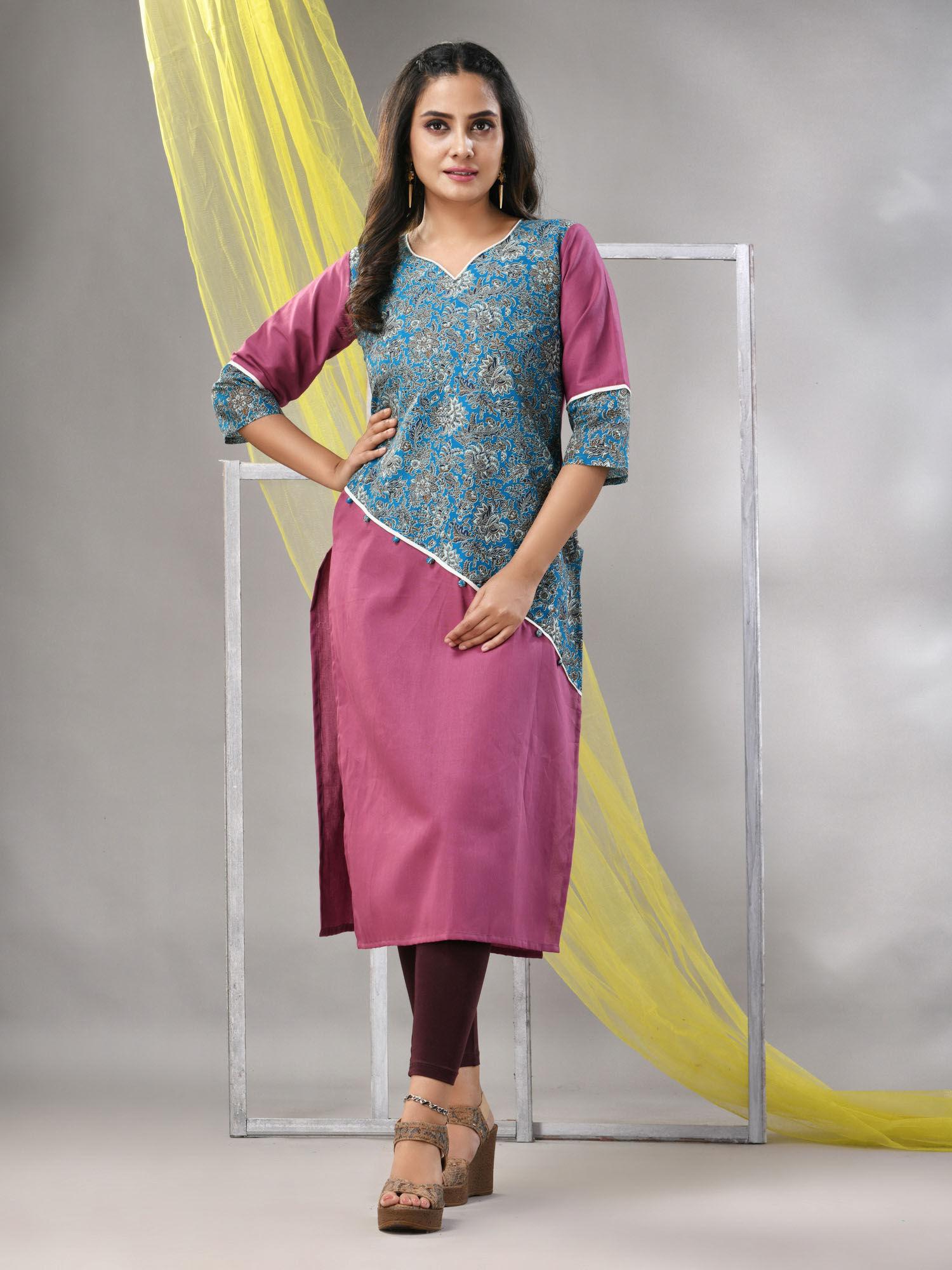 mauve cotton ajrak printed straight kurta