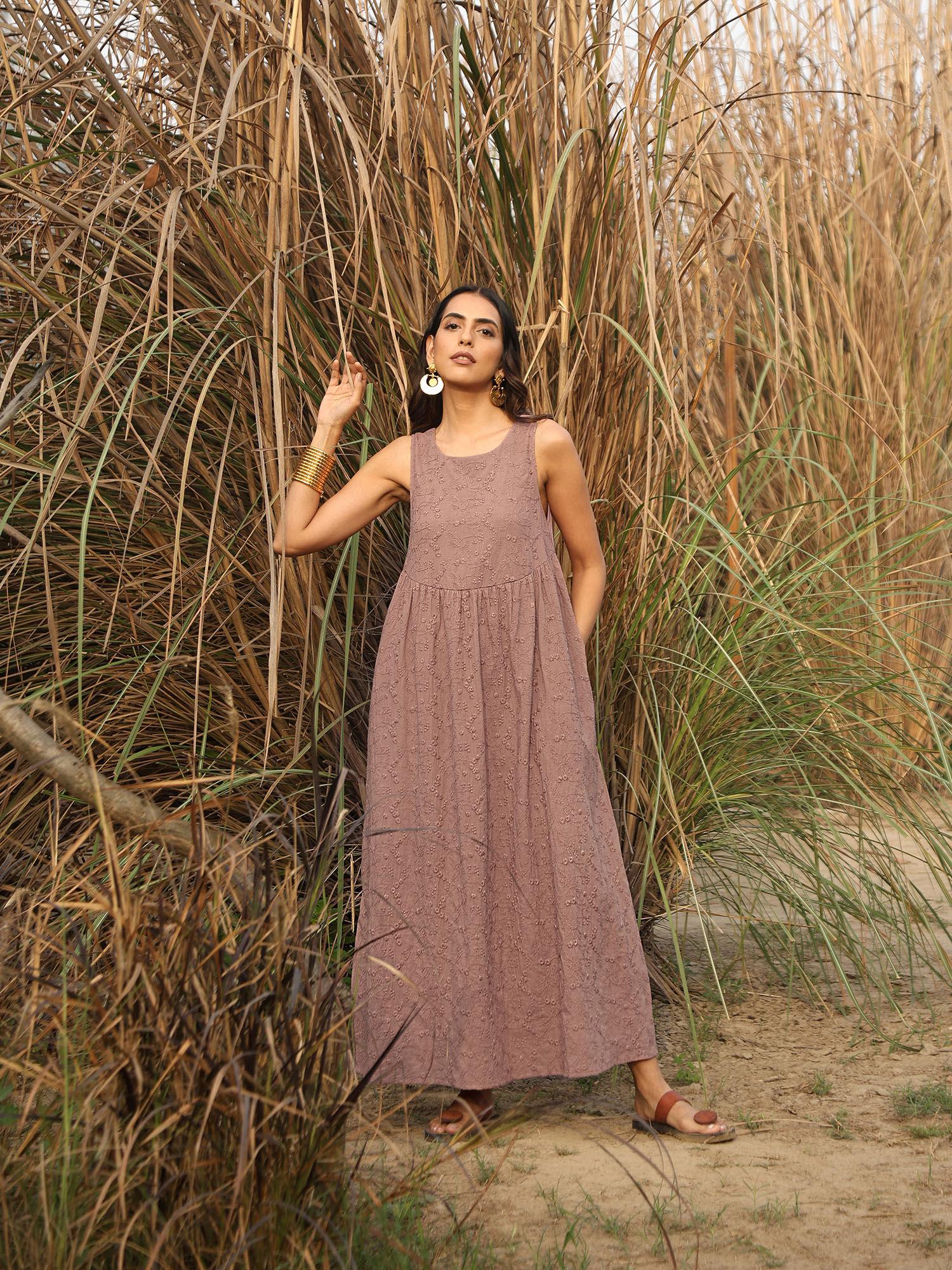 mauve cotton embroidered flared maxi dress