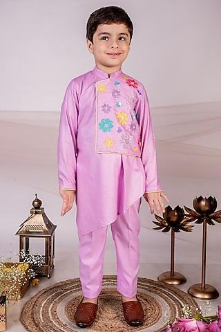 mauve cotton floral embroidered draped kurta set for boys