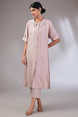 mauve cotton hand embroidered kurta set