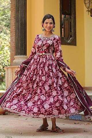 mauve cotton mulmul floral printed & embroidered anarkali set