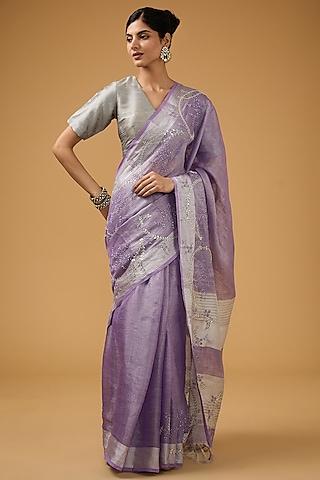 mauve cotton silk floral motif embroidered handwoven saree set