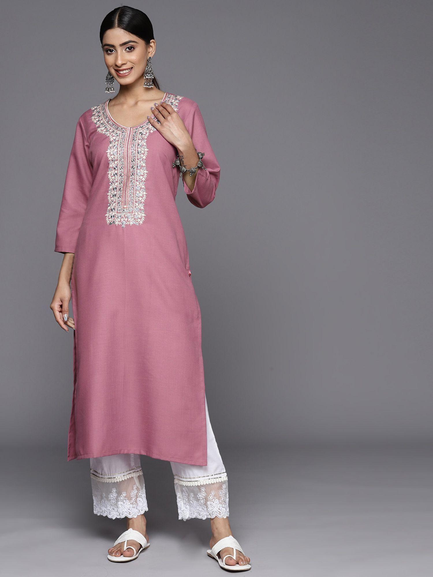 mauve cotton thread work embroidered kurta