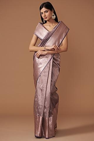 mauve crushed tissue silk handloom zari embroidered banarasi saree set