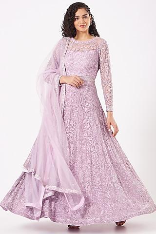 mauve embroidered anarkali set