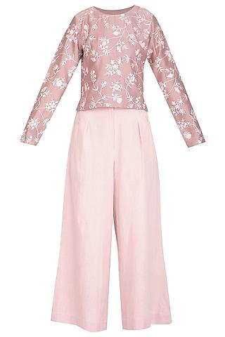 mauve embroidered boxy top with blush pink culotte pants