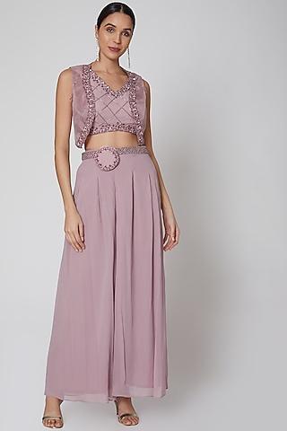 mauve embroidered cape set with belt & bag