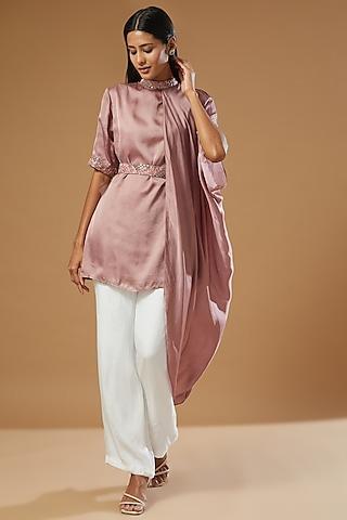 mauve embroidered cowl draped top