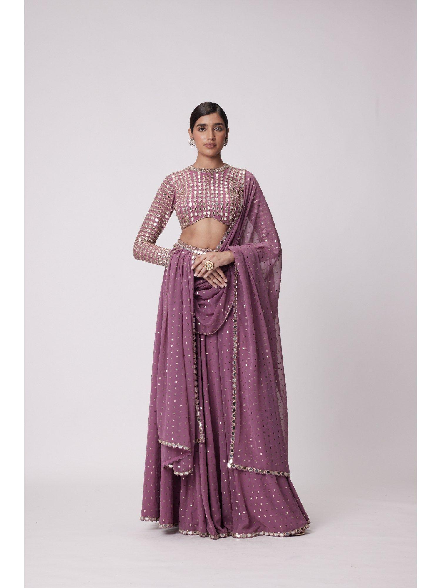 mauve embroidered flared palazzo with blouse and dupatta (set of 3)