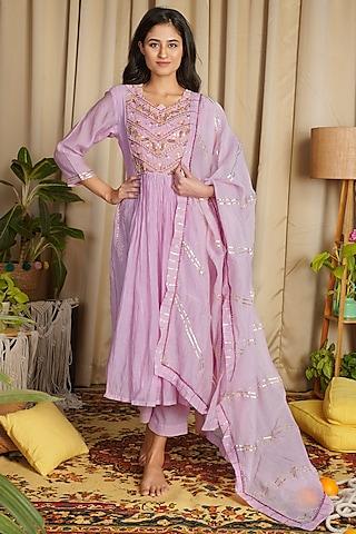 mauve embroidered gathered tunic set