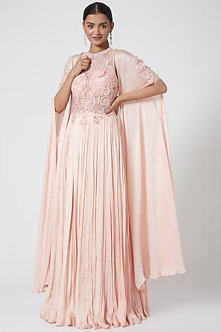 mauve embroidered gown with cape