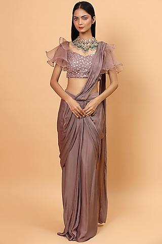 mauve embroidered pre-draped saree set