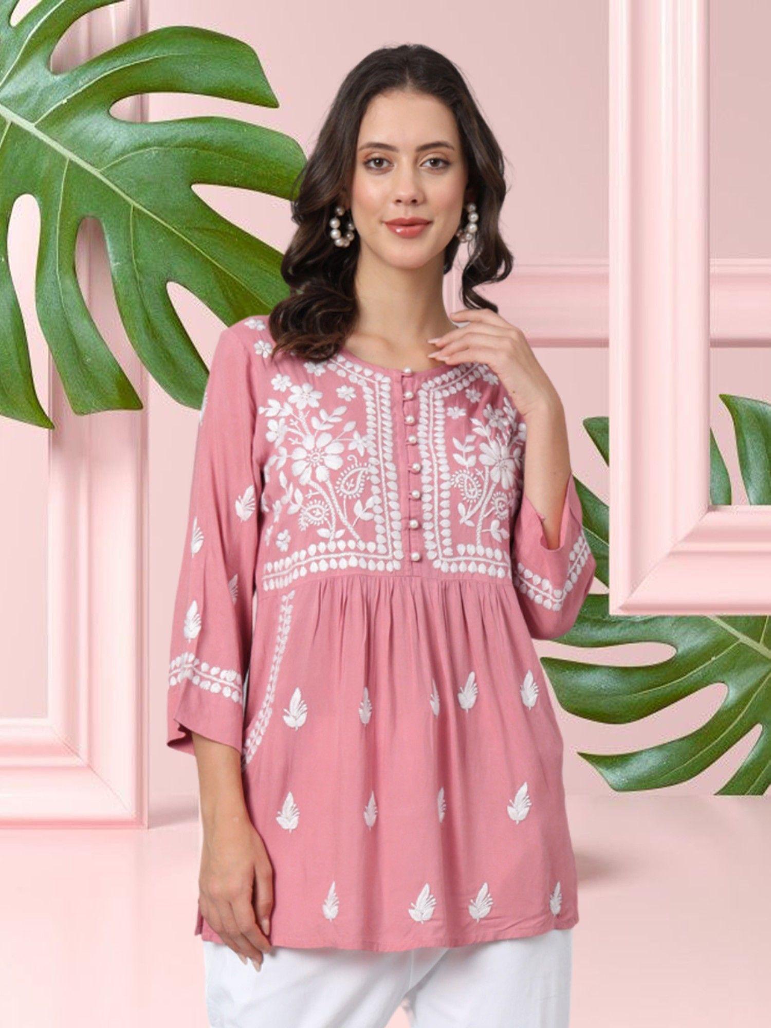 mauve ethnic motifs embroidered lucknowi chikankari kurti