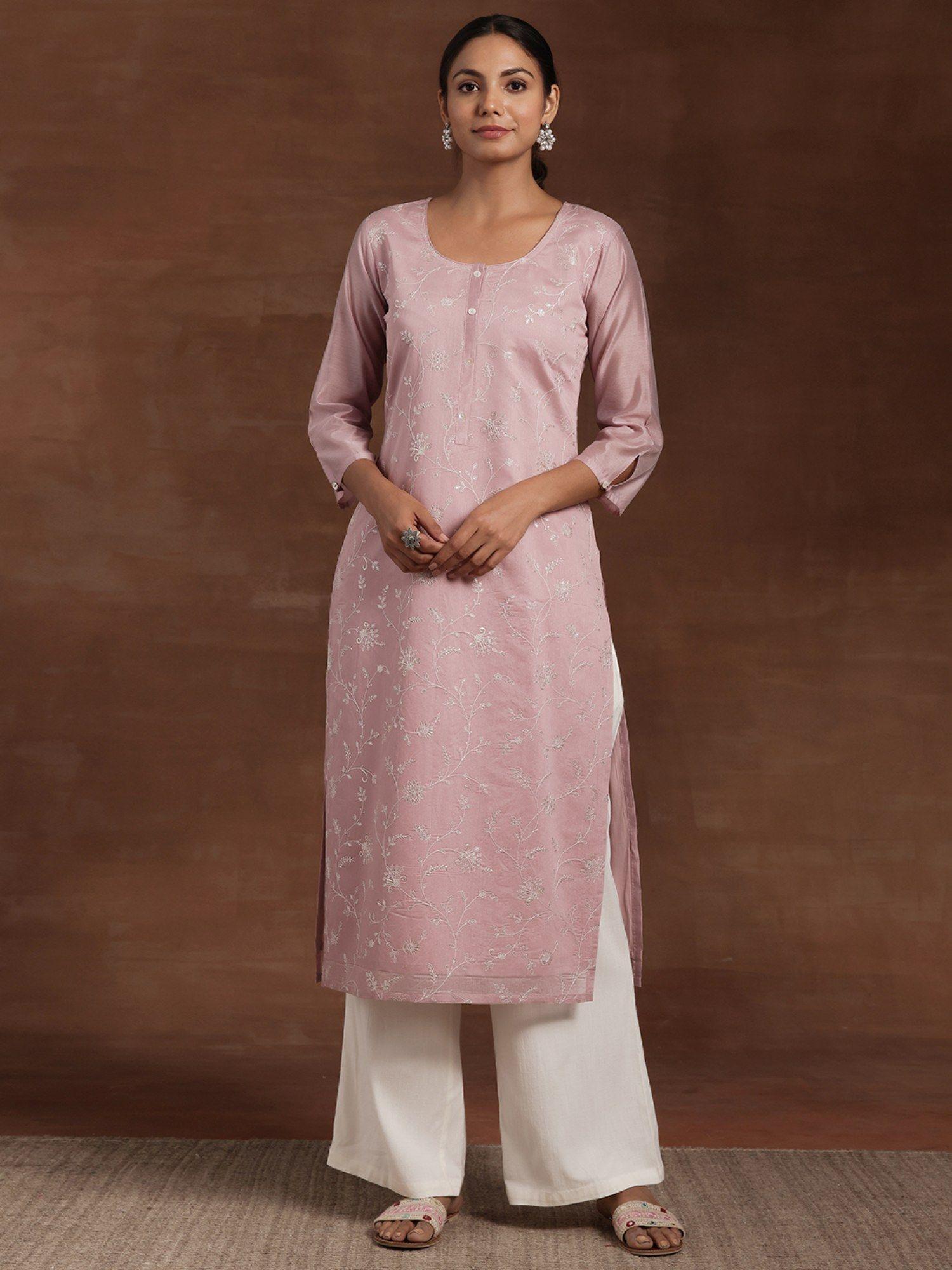 mauve floral embroidered kurta with lining & button placket