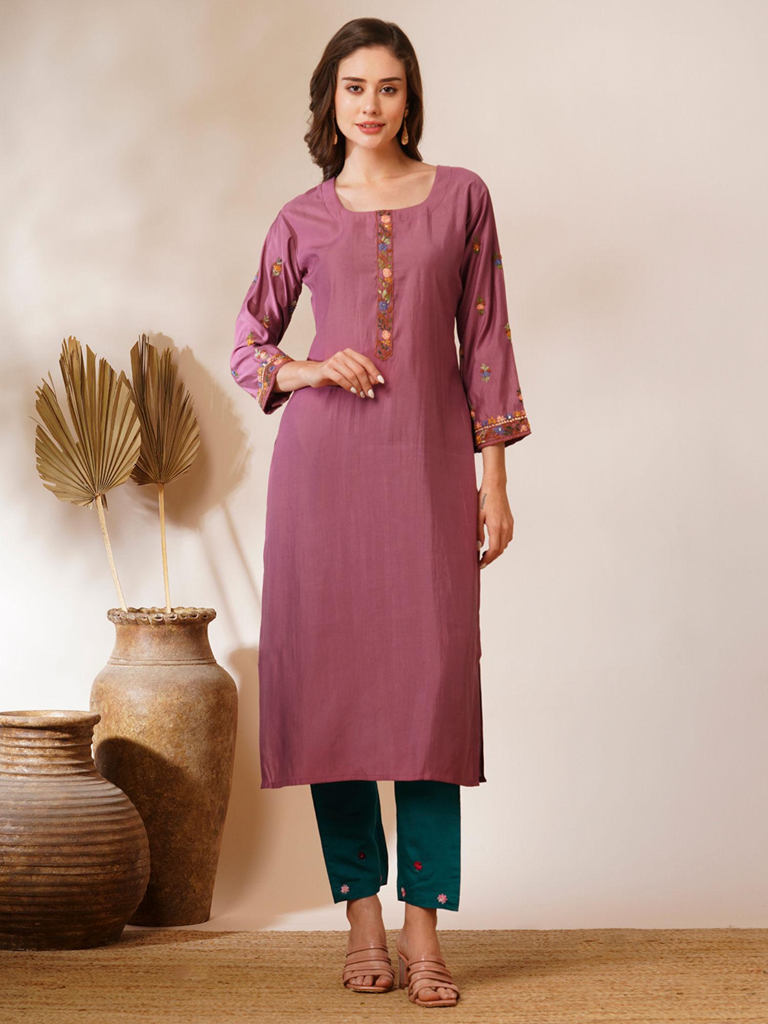 mauve floral hand embroidered straight fit kurta