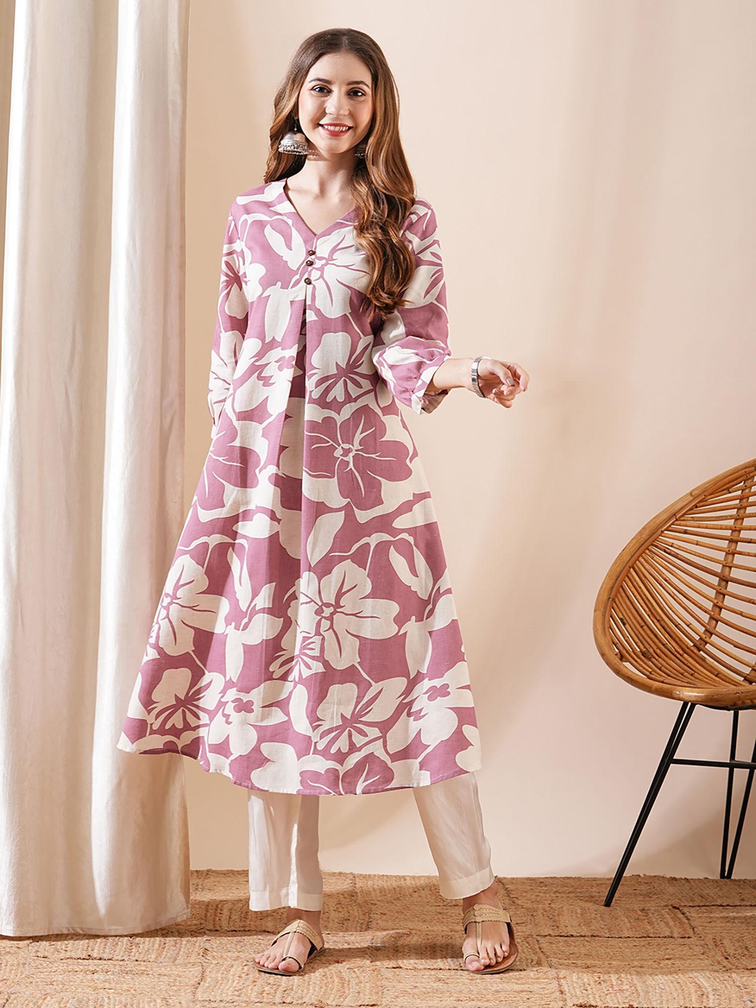 mauve floral printed a-line flared kurta