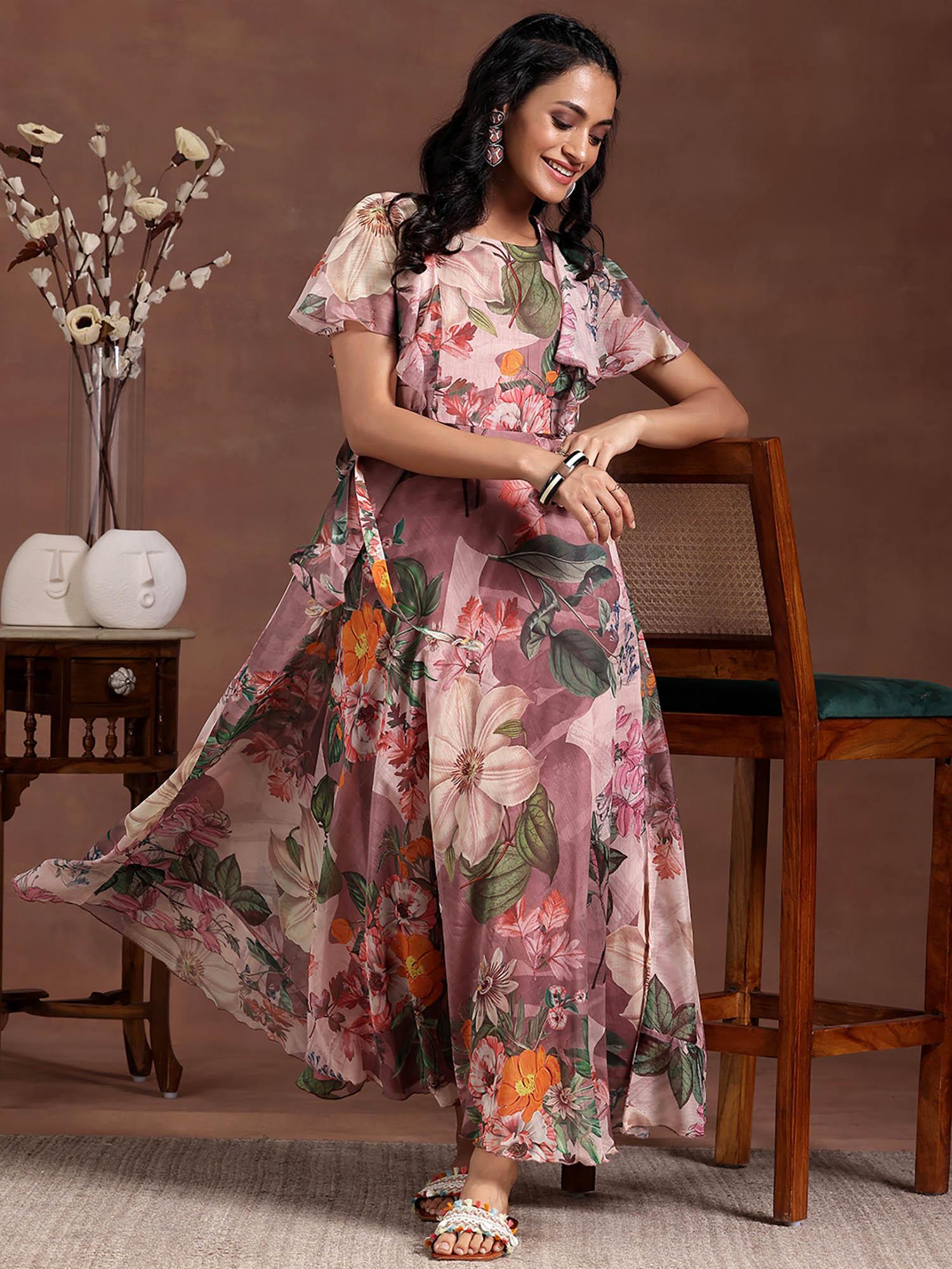 mauve floral printed flared chiffon maxi dress with attached waistbelt