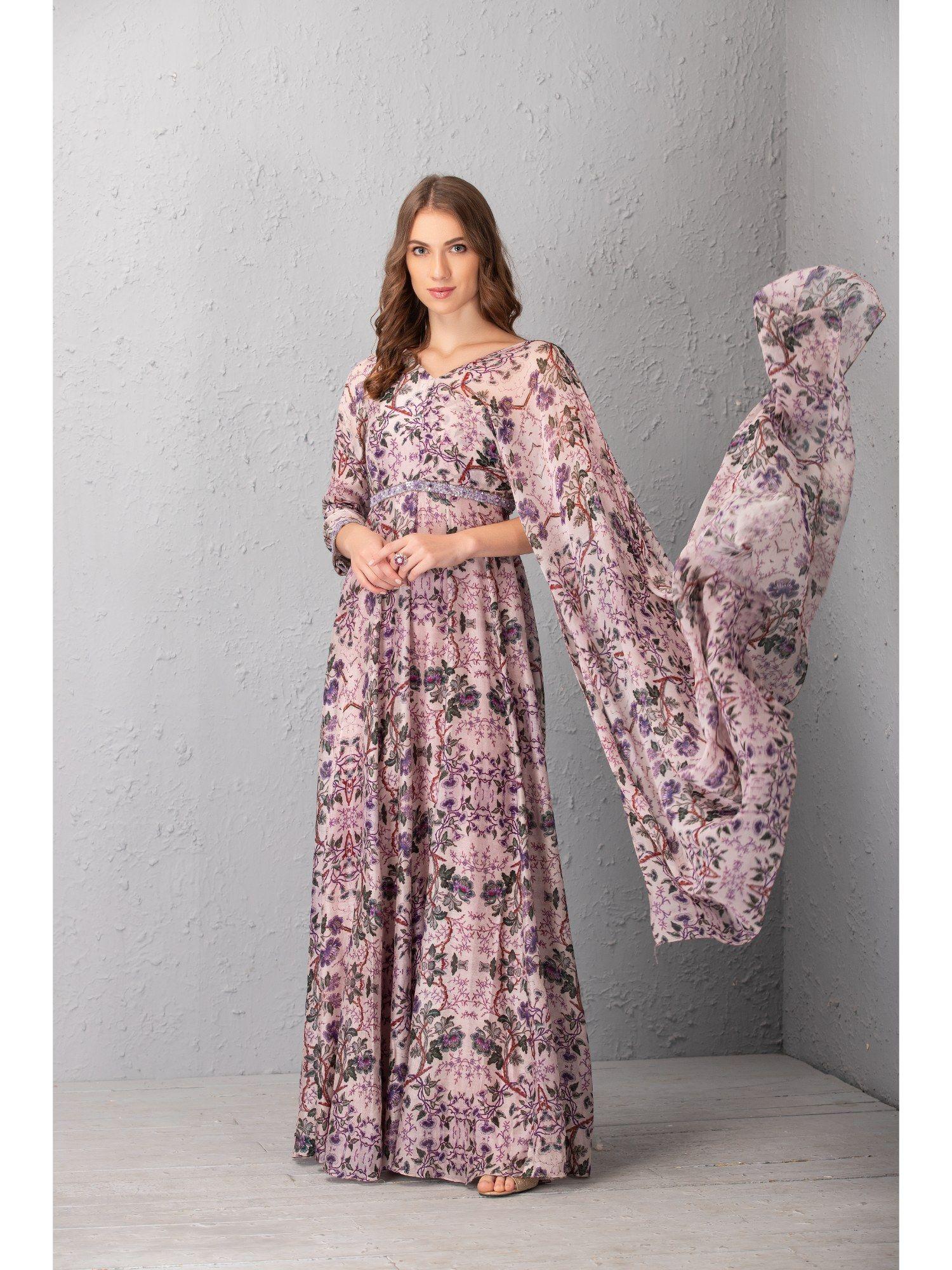 mauve floral printed gown with attached dupatta