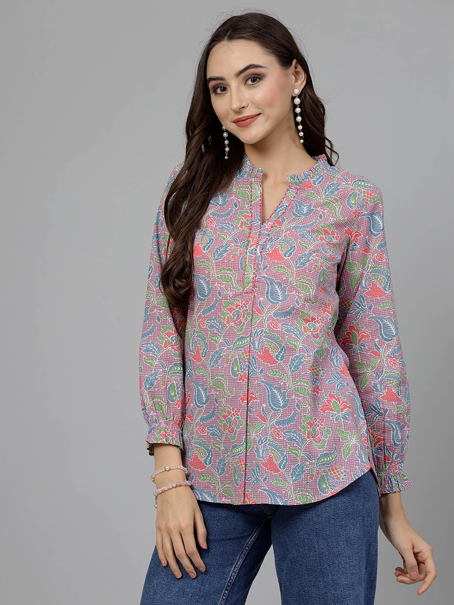 mauve floral printed shirt style top