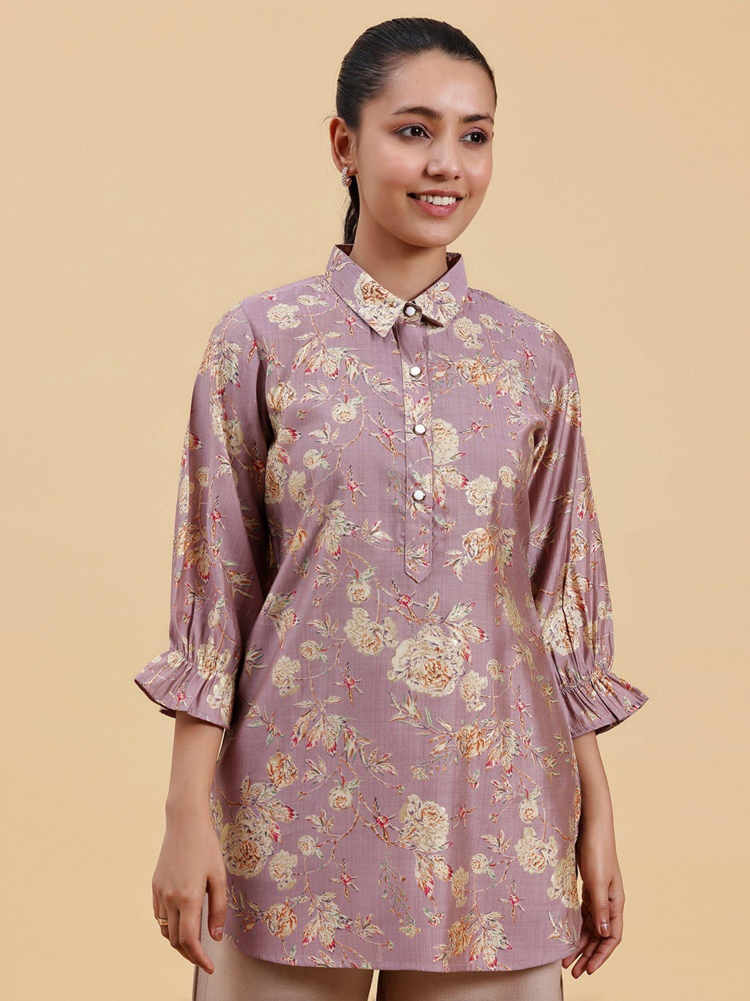 mauve floral printed straight kurti with short button placket